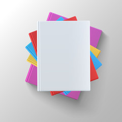 Stack of blank books, top view. Various blank color books on white background for your desing and presentation. 3D illustration.