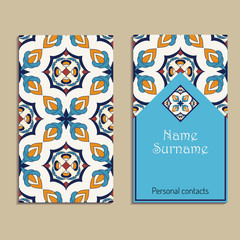 Vector business card template. Portuguese, Moroccan, Azulejo, Arabic, asian ornaments
