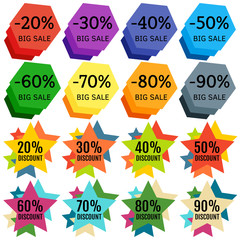 Set of Sale Discount Labels, Tags, Emblems. Web collection of stickers and badges for sale. Isolated vector illustration.
