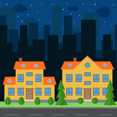 Vector night city with cartoon houses and buildings. City space with road on flat style background concept. Summer urban landscape. Street view with cityscape on a background
