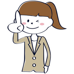かわいいポニーテール　ベージュのスーツ　ビジネスウーマン 上半身　ひらめき