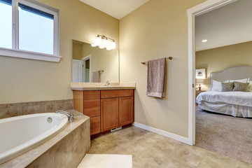Fototapeta na wymiar Bathroom interior with vanitiy cabinet and bathtub