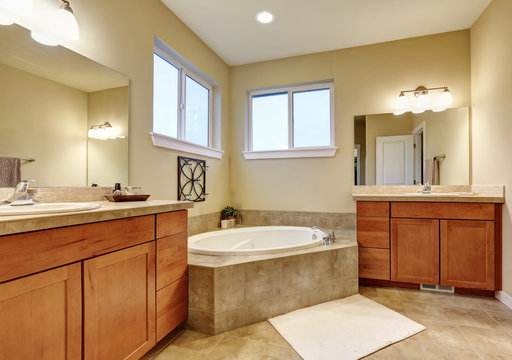 Bathroom interior with two vanities and bathtub
