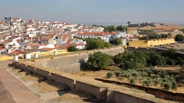 ELVAS, PORTUGAL: View of the Old Town from the city walls with Forte de Santa Luzia in the background