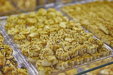 Turkish sweets, delight, baklava, Showcases in the shop