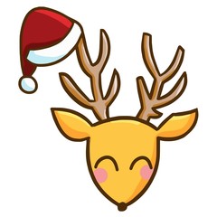 Funny & cute brown deer face with santa's hat - vector.
