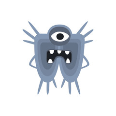 Blue One-Eyed Aggressive Malignant Bacteria Monster With Sharp Teeth Cartoon Vector Illustration