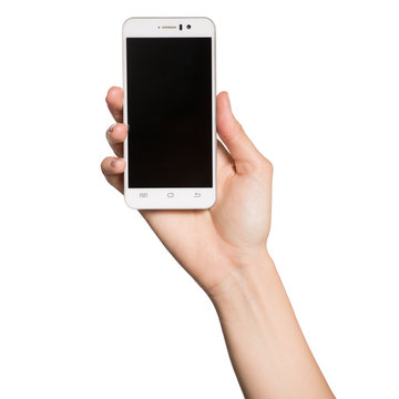 Woman hand holding smartphone. Isolated on white background.