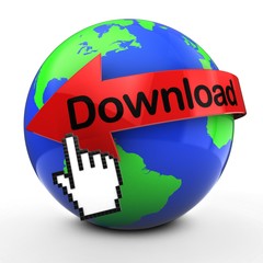 3d illustration of Earth globe on white  with download text on red arrow