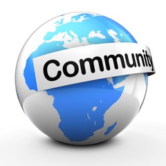 3d illustration of globe on white backdrop  with community text on white banner