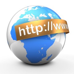 3d illustration of globe on white backdrop  with internet address text on golden banner