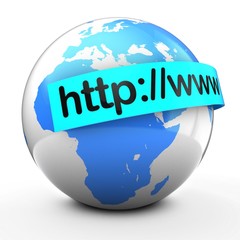 3d illustration of globe on white backdrop  with internet address text on light blue banner