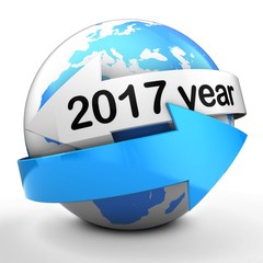 3d illustration of globe on white backdrop  with 2017 year text on white arrow