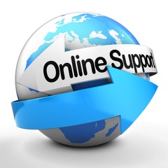 3d illustration of globe on white backdrop  with online support text on white arrow