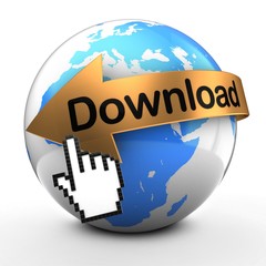 3d illustration of globe on white backdrop  with download text on golden arrow