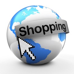 3d illustration of Earth globe on white back  with shopping text on steel banner