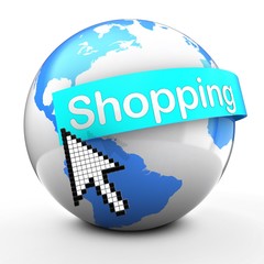 3d illustration of Earth globe on white back  with shopping text on light blue banner