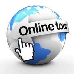 3d illustration of Earth globe on white back  with online tour text on white arrow