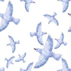 Seamless pattern of birds on a white background, watercolor