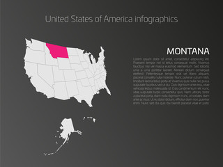 Fototapeta na wymiar United States of America, aka USA or US, map infographics template. 3D perspective dark theme with pink highlighted Montana, state name and text area on the left side.