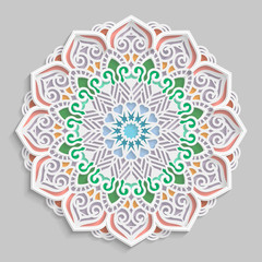 Lace 3D mandala, round symmetrical openwork pattern, lacy doily, decorative  snowflake, arabic ornament, indian ornament, embossed pattern, decorative design element,  vector