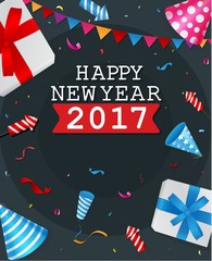 Happy New Year greeting card design with confetti and fireworks
