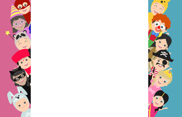 Background with children in carnival costumes. Looks out on both sides. Vector cartoon
