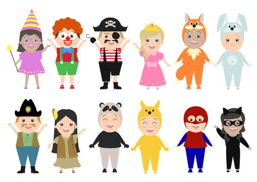 Children in carnival costumes, set, isolated on white background. Vector cartoon