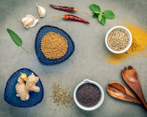 Various herbs and spices ginger,fennel seed,dried thyme ,sage le