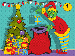 Bad elf collecting gifts under the Christmas tree