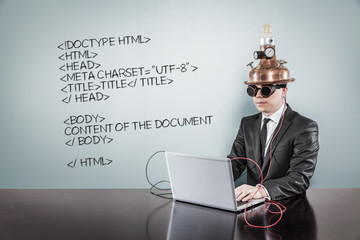 Html code text with vintage businessman using laptop