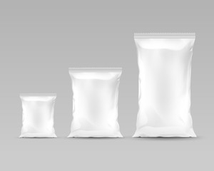 Set of Vertical Sealed Plastic Foil Bags Different Size Isolated