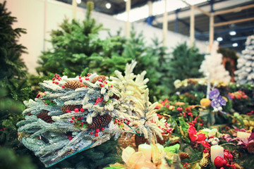 Bright Christmas decoration at warehouse. Christmas retail and wholesale concept.