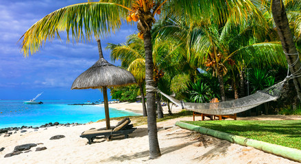 Relaxing tropical holidays with beach chairs and hammock. Mauritius island