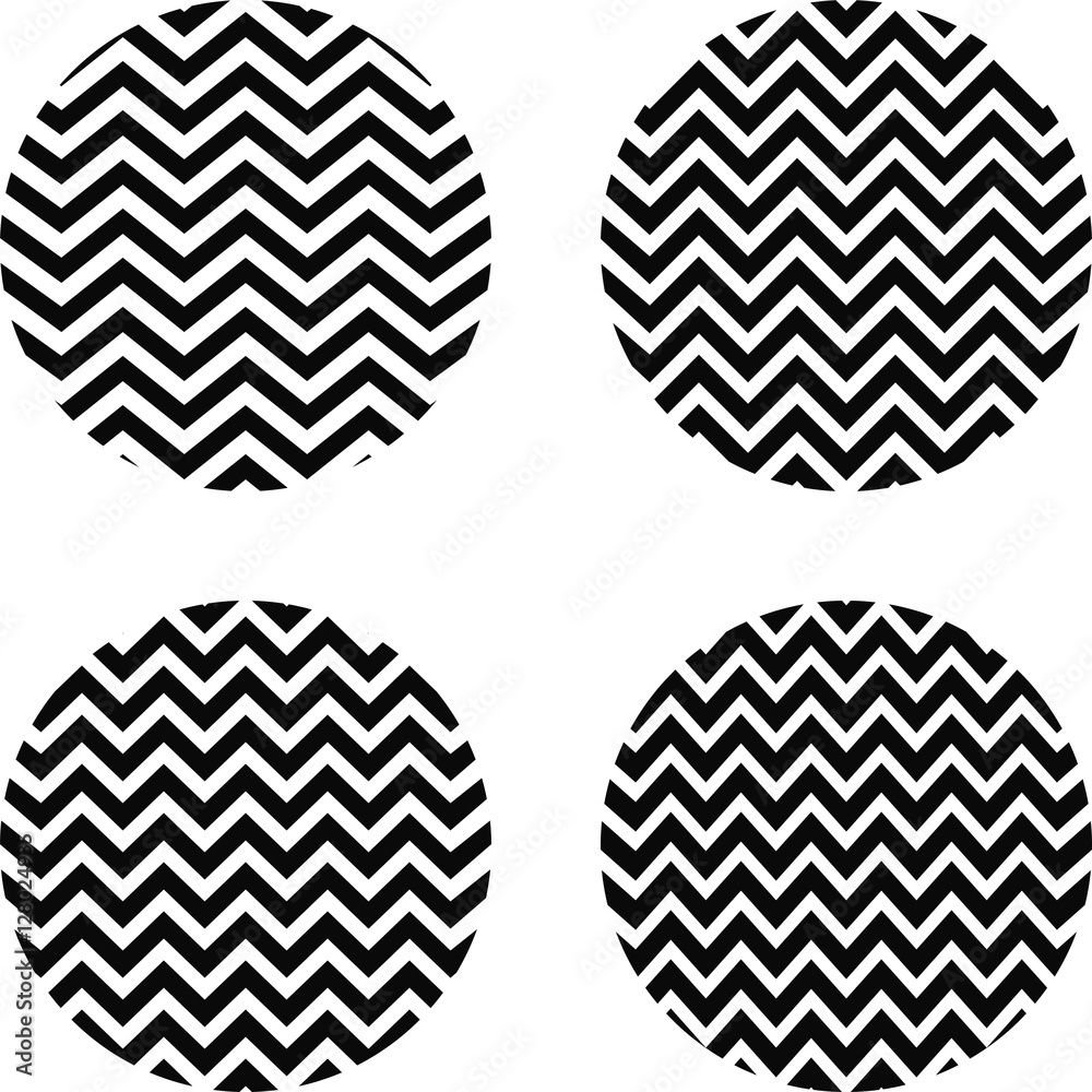 Poster set of circles with a zigzag pattern, a circle with curved lines of zigzag pattern with a different number of curves, vector for vintage textiles