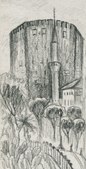 Tower and minaret in Alanya. Architectural sketch