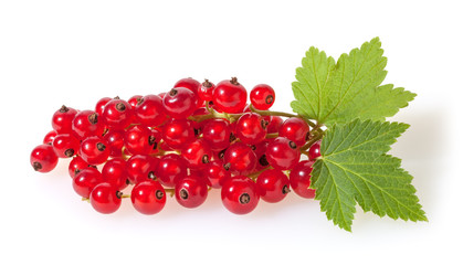 Red currant with green leaves isolated on white background