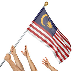 Team of peoples hands raising the Malaysia national flag, 3D rendering isolated on white background