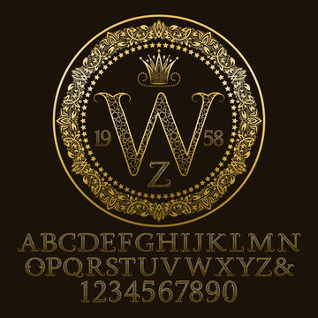 Golden ornate letters and numbers with W initial monogram. Decorative patterned font for logo design. Isolated english vintage alphabet, figures.
