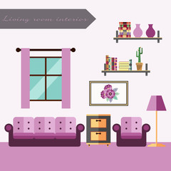 Flat living room lavanda interior vector illustration