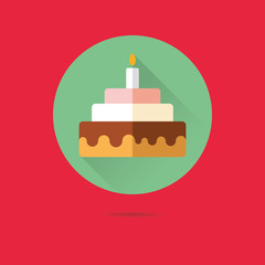 birthday cake with candle flat design long shadow vector icon