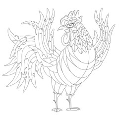 Monochrome black and white cartoon rooster, symbol of 2017 year by eastern calendar. Isolated on white. Hand-drawn contour lines vector Illustration.