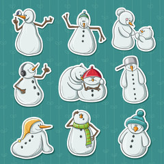 Snowman character illustration stickers on blue background for Christmas and greeting card