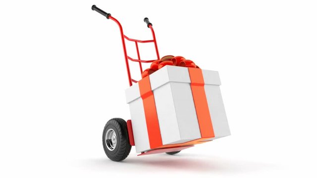 Hand truck with gift isolated on white background