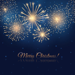 Vector holiday golden fireworks on the blue background. Lights for design festive posters and banners for Merry Christmas. File contains clipping mask.