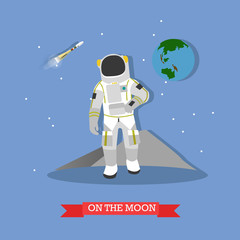 Naklejka premium Vector illustration of astronaut walking on the Moon surface.