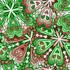Seamless abstract background. Bright mandala in red and green tones. Vector illustration. 