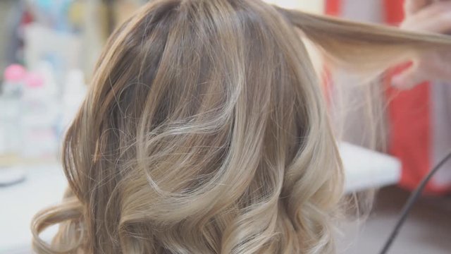 Profile of Smiling Young Woman with Hair Having Hair Cut and Styled by Stylist in Salon