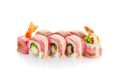 Tuna sushi roll with shrimp and spice sauce isolated on white background