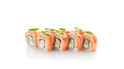Salmon sushi roll with avocado, green onion and spice sauce isolated on white backgroind